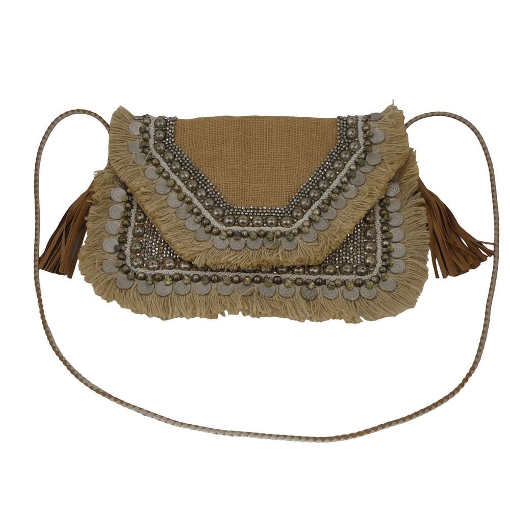 Shashi Leela Embellished Burlap Clutch with Tassels and Coin Accents